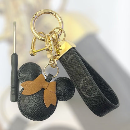 Cartoon Bow Mouse Bracelet Keychain Cute Animal PU Leather Key Ring Purse Bag Backpack Car Key Accessory Women Girls Gift