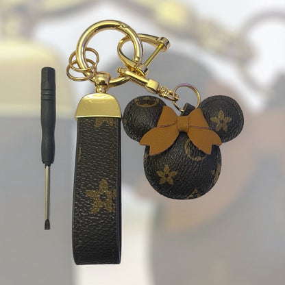 Cartoon Bow Mouse Bracelet Keychain Cute Animal PU Leather Key Ring Purse Bag Backpack Car Key Accessory Women Girls Gift