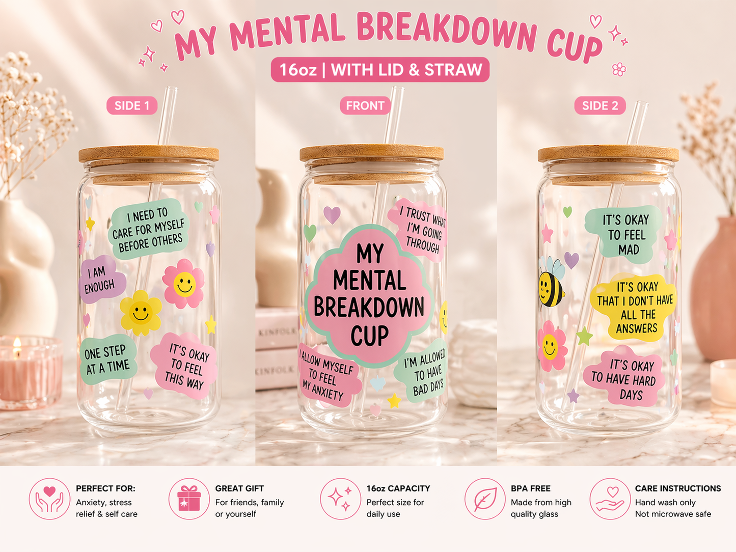 16oz Affirmation Glass Tumbler with Matching Bamboo Lid & Straw