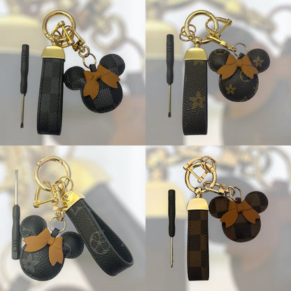 Cartoon Bow Mouse Bracelet Keychain Cute Animal PU Leather Key Ring Purse Bag Backpack Car Key Accessory Women Girls Gift